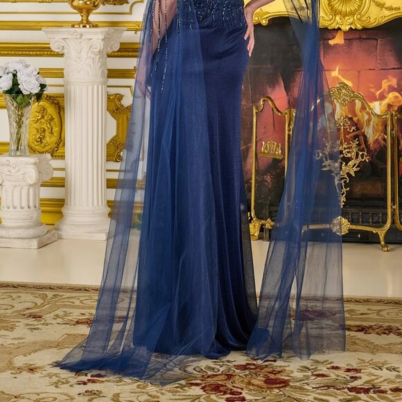 New Long Sheath Mesh MOB Gown w/ Long Cape Sleeves & Beads Embrodiery GL3784 - Picture 14 of 14